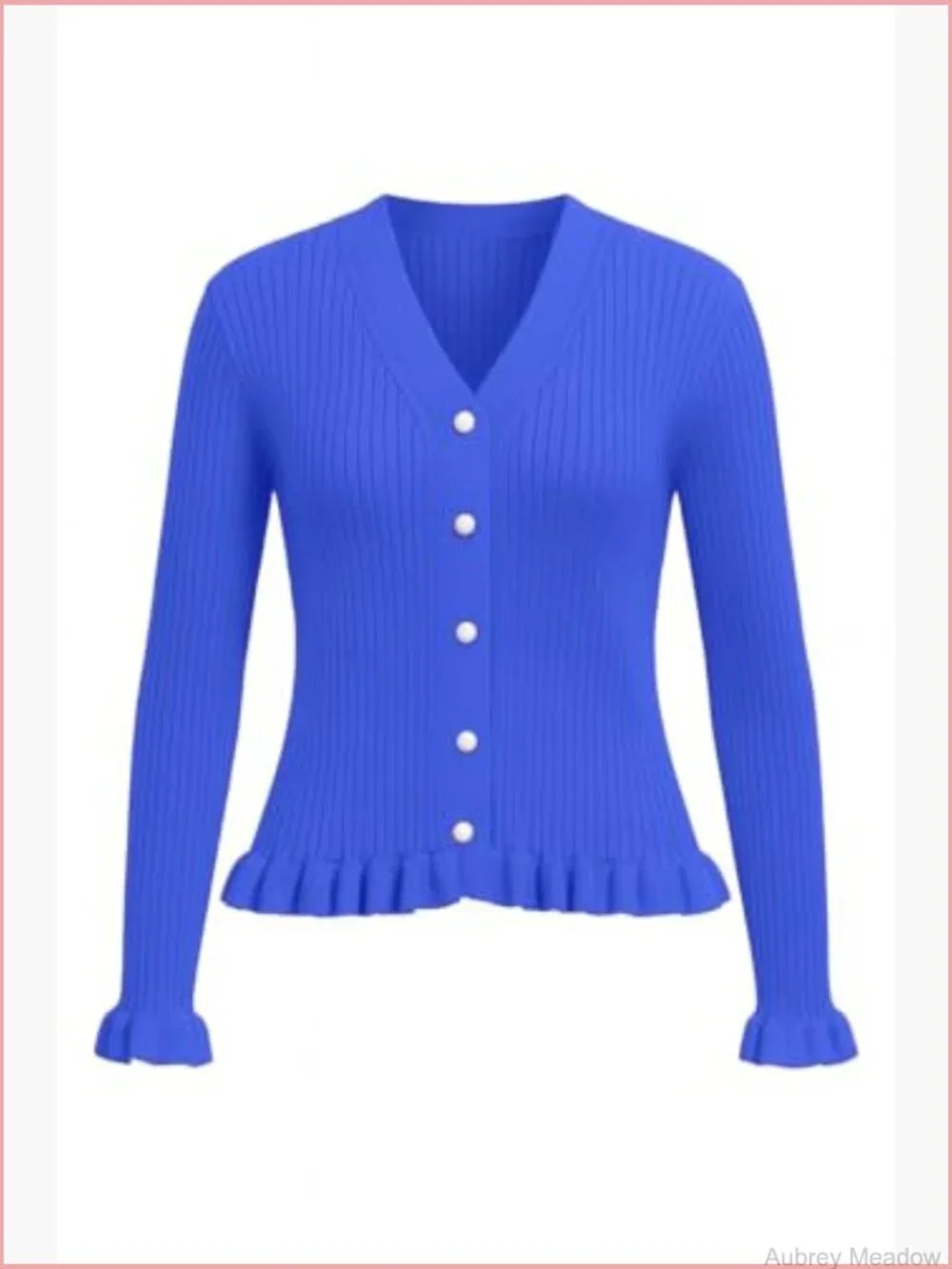 Ruffled Trim Ribbed Knit V-Neck Pearl Button Cardigan - Picture 5 of 7